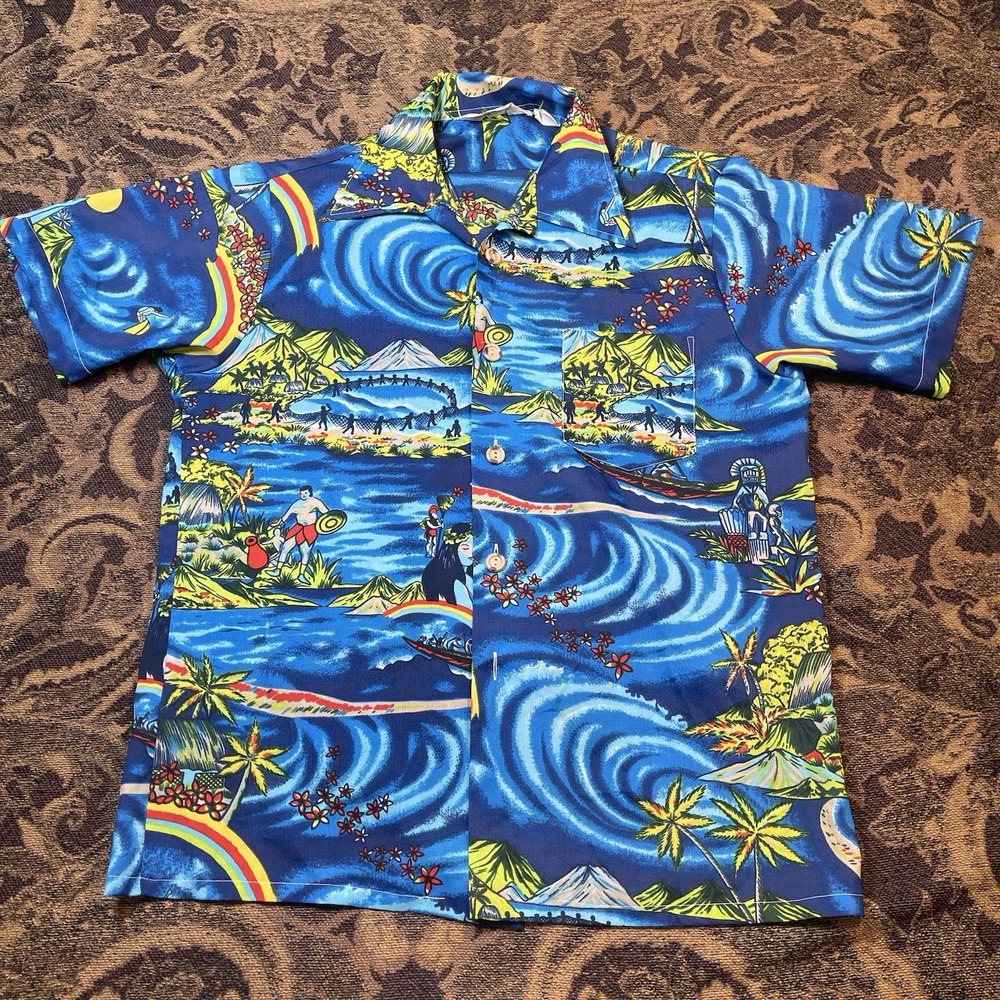 Vtg 90s Royal Islander Ocean Blue Hawaiian Hula Palms Shirt Mens Size Medium